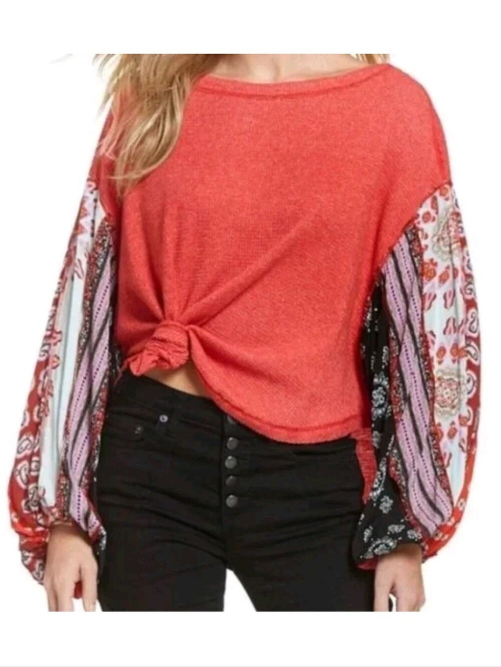 We The Free People Red Mixed Media Patchwork Sleeve Thermal Top Medium?